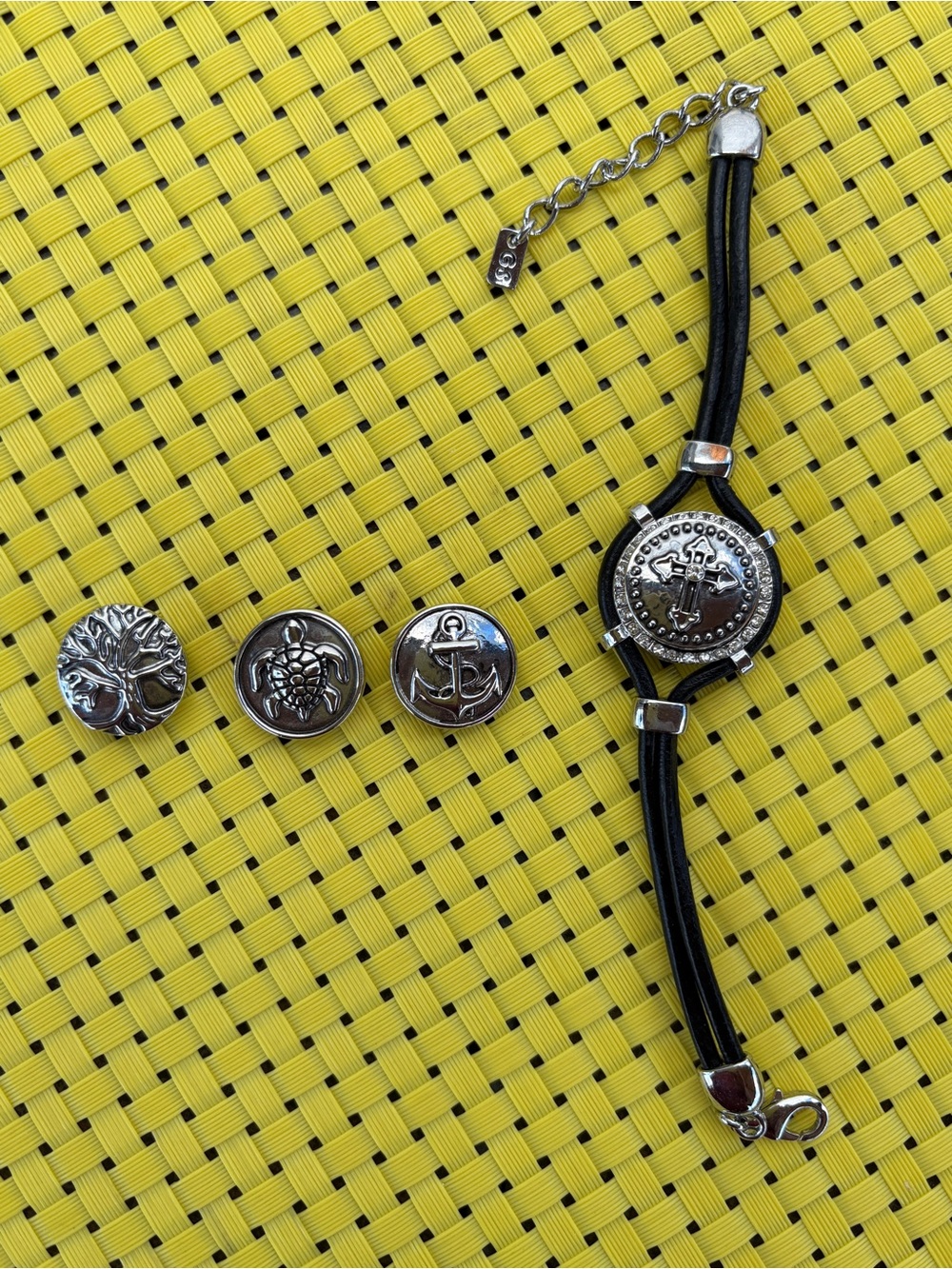 Ginger Snaps Black Leather Silver-Tone Bracelet with 4 Interchangeable Charms
